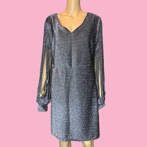 Womens Pencil Dress Glitter Black Size XL Knee Length Stretch Strappy Sleeve